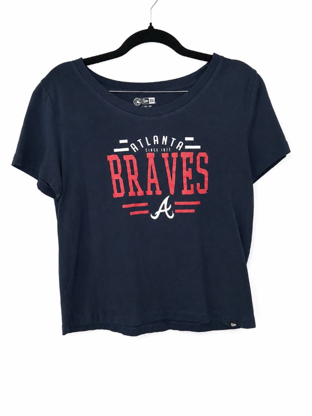 New Era Atlanta Braves Graphic Crop T-Shirt Women's XL Navy Blue MLB 100% Cotton